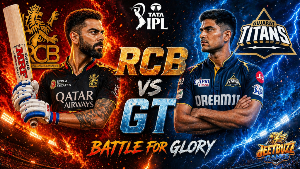 jeetbuzz app download RCB vs GT IPL 2026 feature image showing Royal Challengers Bangalore vs Gujarat Titans in a fiery cricket showdown