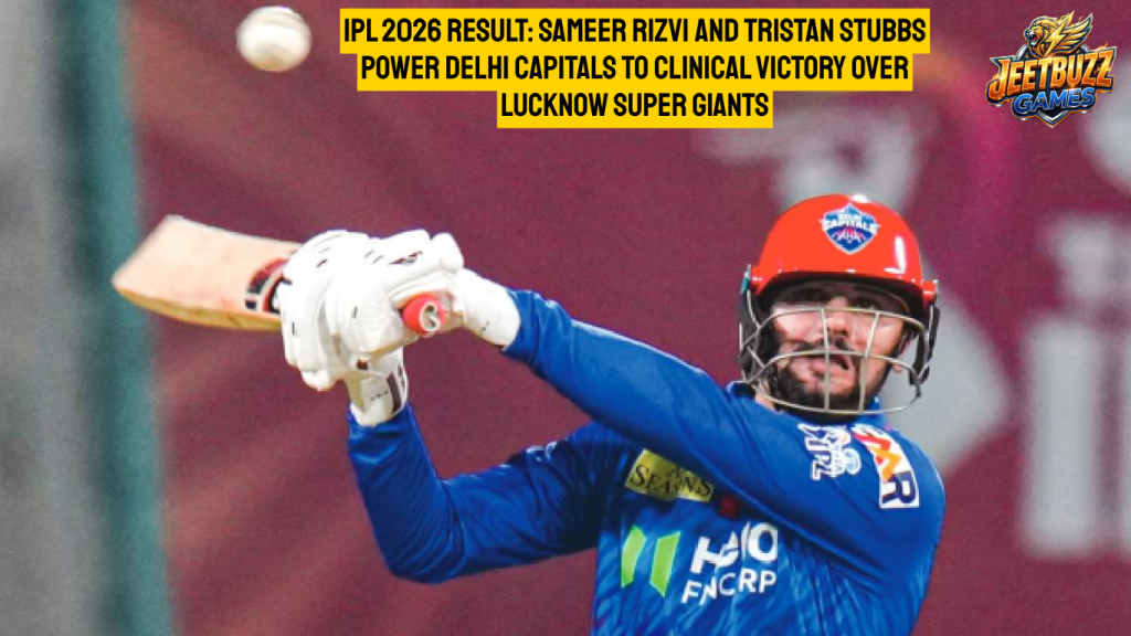 Sameer Rizvi hitting a six during the LSG vs DC match, featured on jeetbuzz app download.